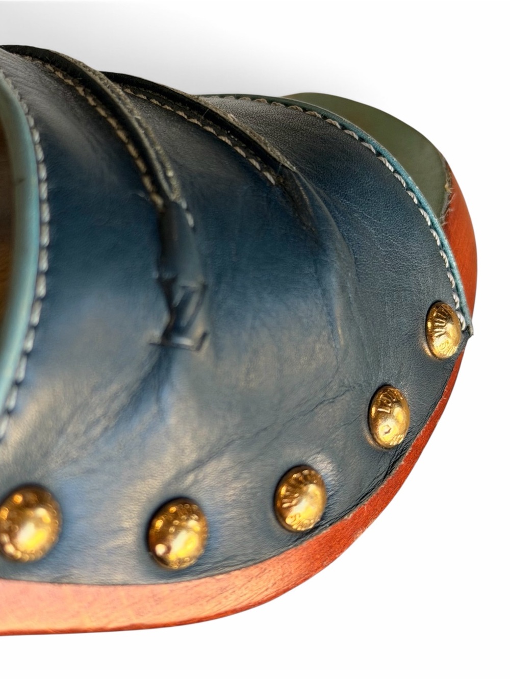 Louis Vuitton Vintage 1999 Studded Wooden Mules Clogs Teal Aqua 36 Y2K - Picture 5 of 9